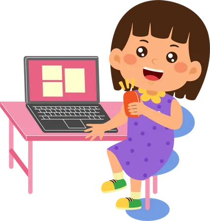 Cute Little Kid Girl Use Laptop Illustration
