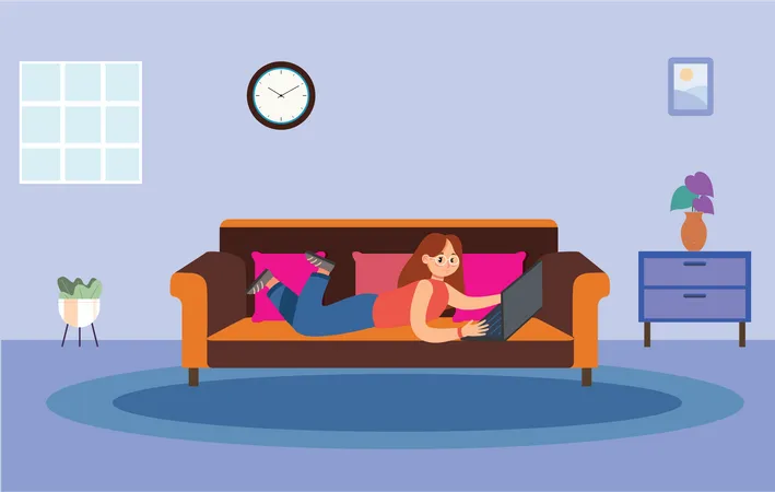 Girl use laptop while lying on couch  Illustration