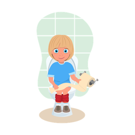 女の子がトイレでティッシュペーパーを使う  イラスト