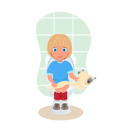 女の子がトイレでティッシュペーパーを使う  イラスト