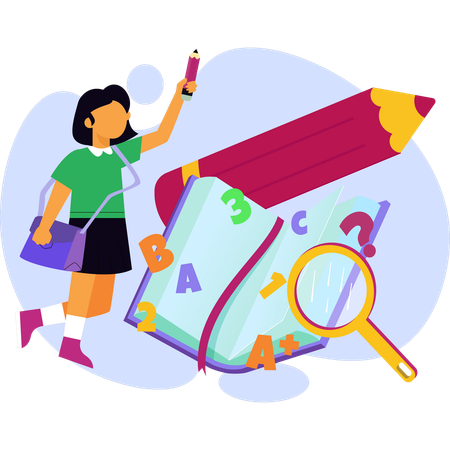 Girl uses a magnifying glass to inspect a book holding a pencil in her other hand  Illustration
