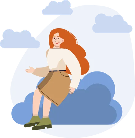 Girl uses cloud technology  Illustration