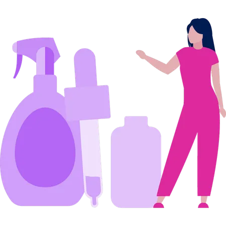 A Girl Is Pointing To Different Beauty Lotions Illustration