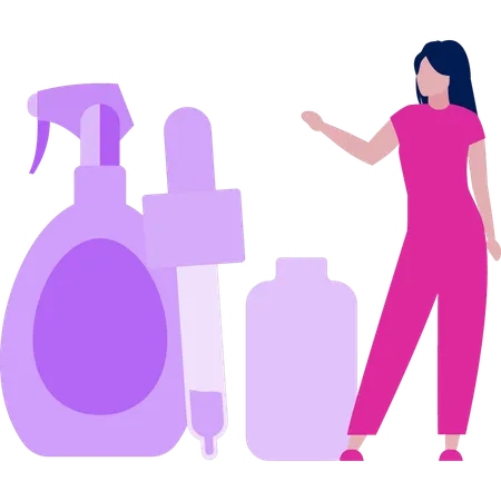 Girl uses different body lotions  Illustration