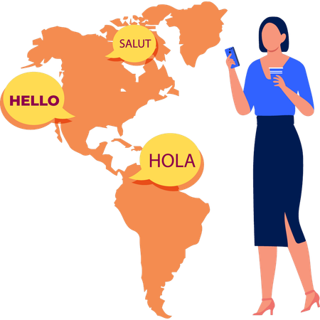 Girl uses phone for language translation  Illustration