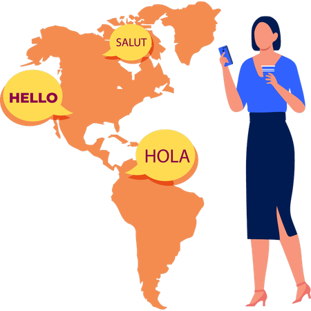 Girl uses phone for language translation  イラスト