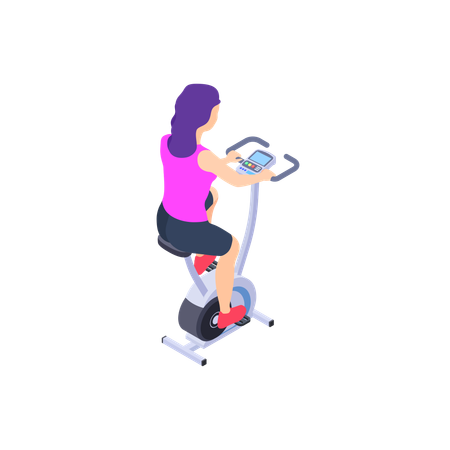 Girl using a stationary exercise bike  イラスト