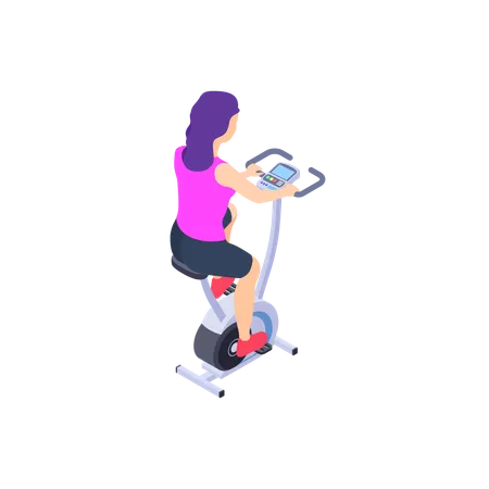 Girl using a stationary exercise bike  Illustration