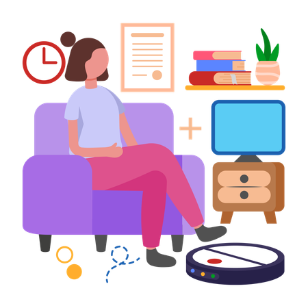 Girl using Automate Cleaning with Robot Vacuum  Illustration