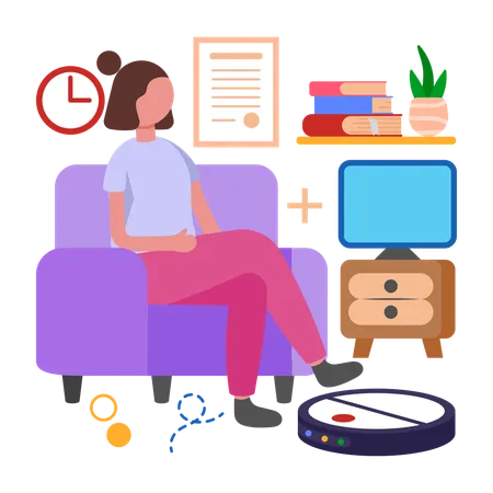 Girl using Automate Cleaning with Robot Vacuum  Illustration