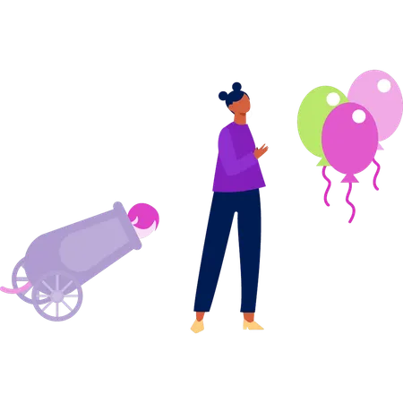 Girl using balloon catapult  Illustration