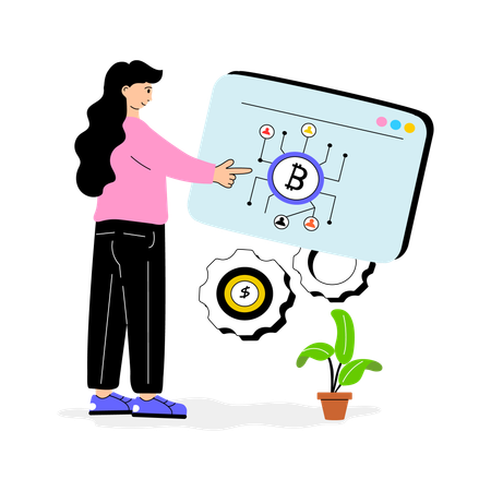 Girl using bitcoin network  Illustration