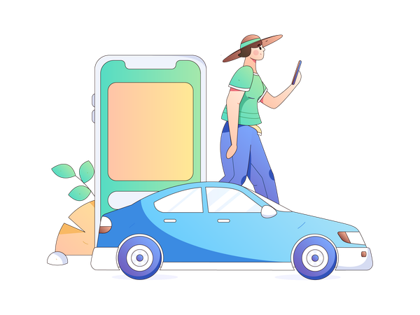 Girl using car service application find car  Illustration
