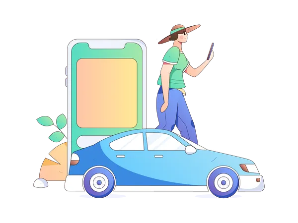 Girl using car service application find car  Illustration