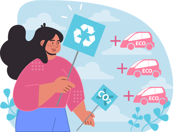 Girl using electric car save earth  Illustration
