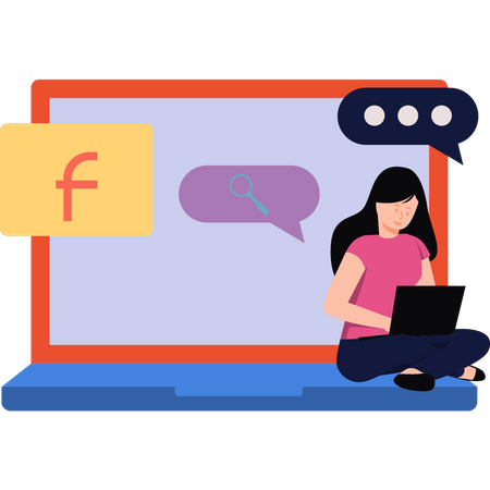 Girl using Facebook on laptop  Illustration