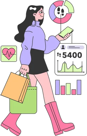 Girl using health app analysis health report while walking  Illustration