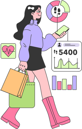 Girl using health app analysis health report while walking  イラスト