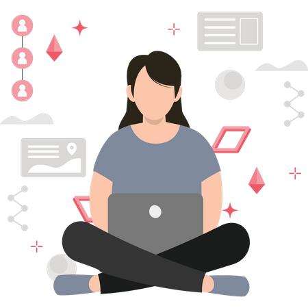 Girl using internet on laptop  イラスト