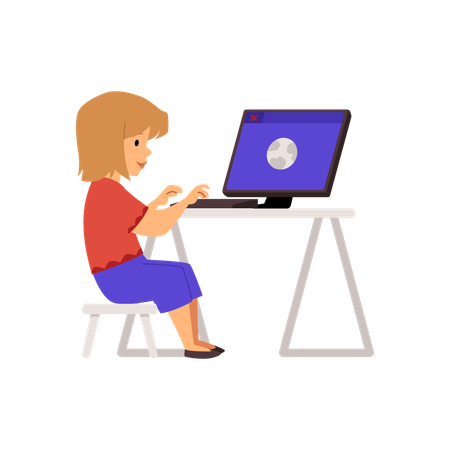 Girl using keyboard to type on computer  Illustration