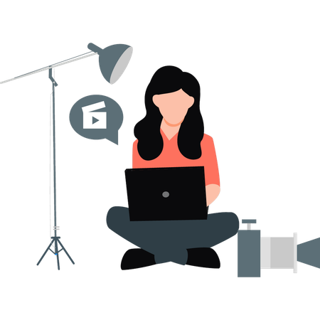 Girl using laptop and editing video  Illustration