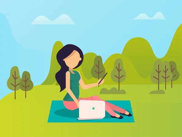 Woman Sitting On Mat With Laptop And Phone Portrait View Of Female With Wireless Equipment Person Working Outdoor With Gadgets Green Nature Vector Illustration