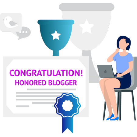 Girl using laptop for honorary blogger award  Illustration