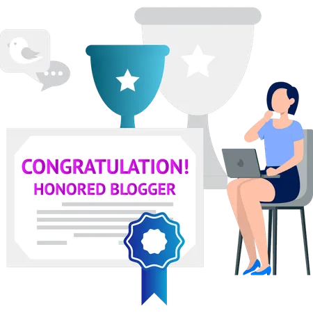 Girl using laptop for honorary blogger award  Illustration