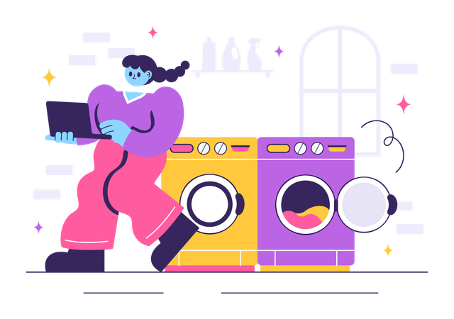 Girl using laptop in Laundry Room  Illustration
