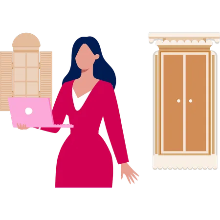 Girl using laptop near home doorway  Illustration