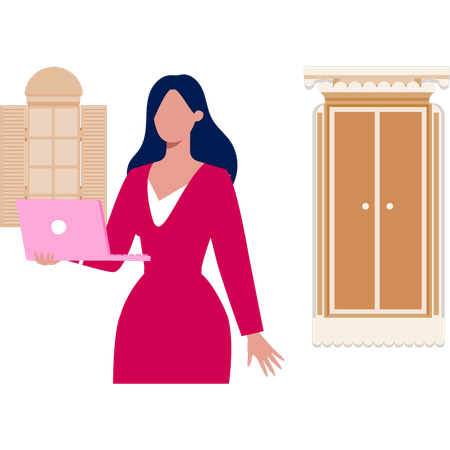 Girl using laptop near home doorway  Illustration