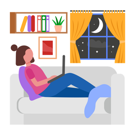 Girl using Laptop on Sofa  Illustration