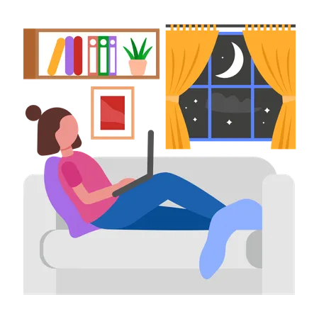 Girl using Laptop on Sofa  Illustration