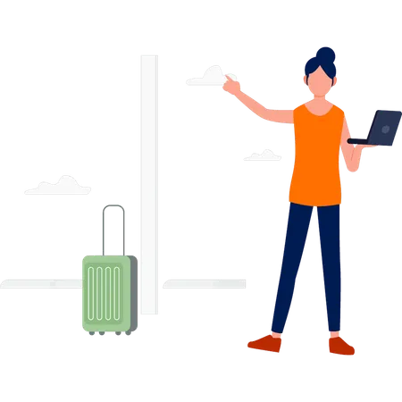 Girl using laptop standing nearby the baggage  Illustration