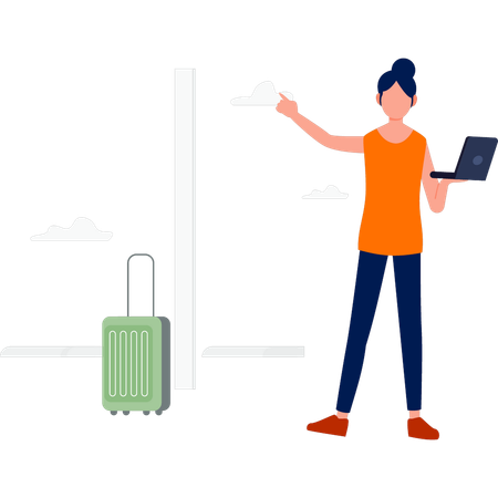 Girl using laptop standing nearby the baggage  Illustration