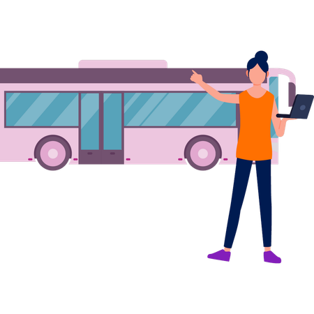 Girl using laptop standing outside bus  Illustration