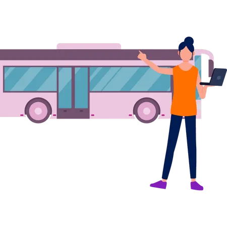 Girl using laptop standing outside bus  Illustration