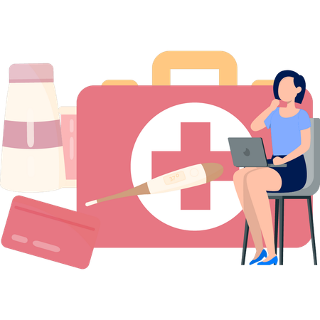 Girl Using Laptop To Learn About Medical Kit  Illustration