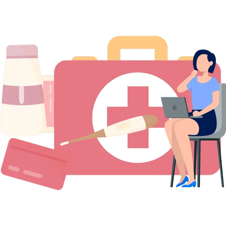 Girl Using Laptop To Learn About Medical Kit  イラスト