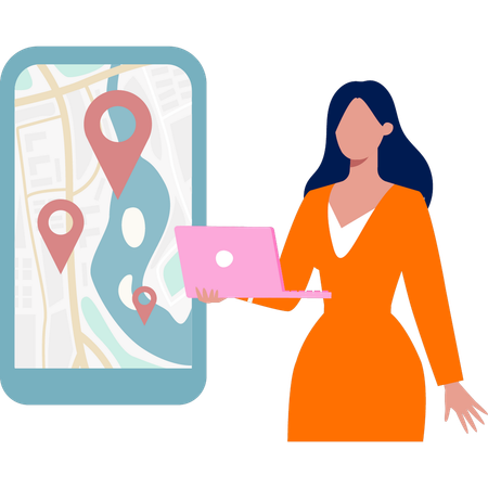 Girl using laptop to see location pins  Illustration