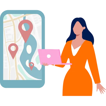 Girl using laptop to see location pins  Illustration