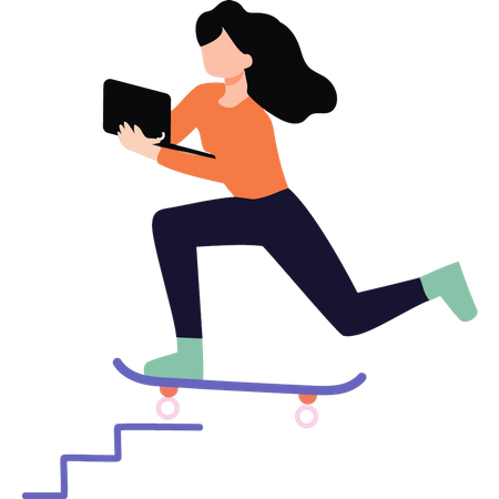 Girl using laptop while skating  Illustration