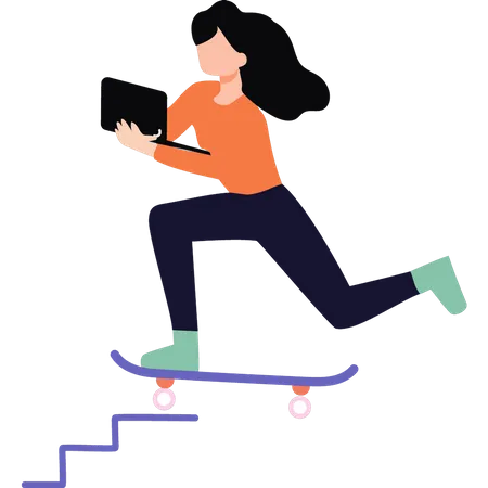 Girl using laptop while skating  Illustration