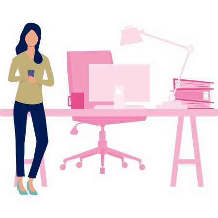 Girl using mobile at workstation table  Illustration