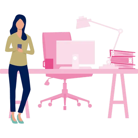Girl using mobile at workstation table  Illustration