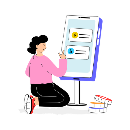 Girl using mobile crypto exchange app  Illustration