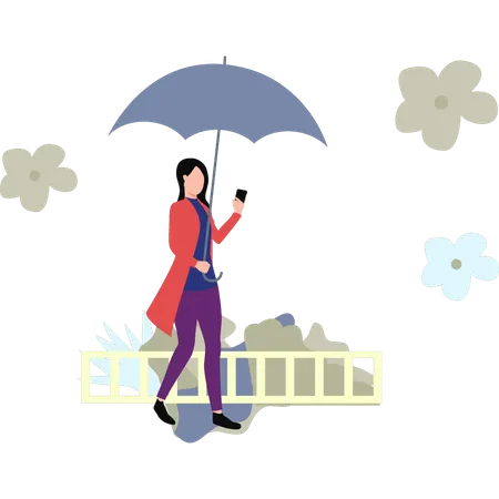 Girl Using Mobile Going Outside  Illustration