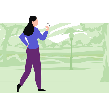 Girl using mobile in forest  Illustration