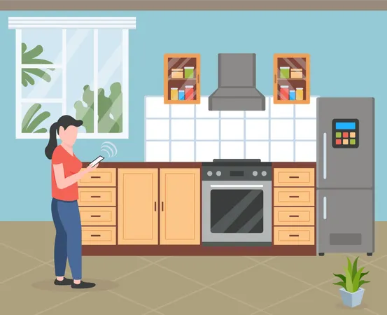 Girl using mobile in kitchen Illustration