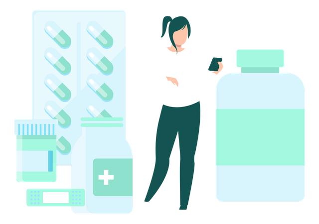 Girl Using Mobile In Pharmacy  Illustration